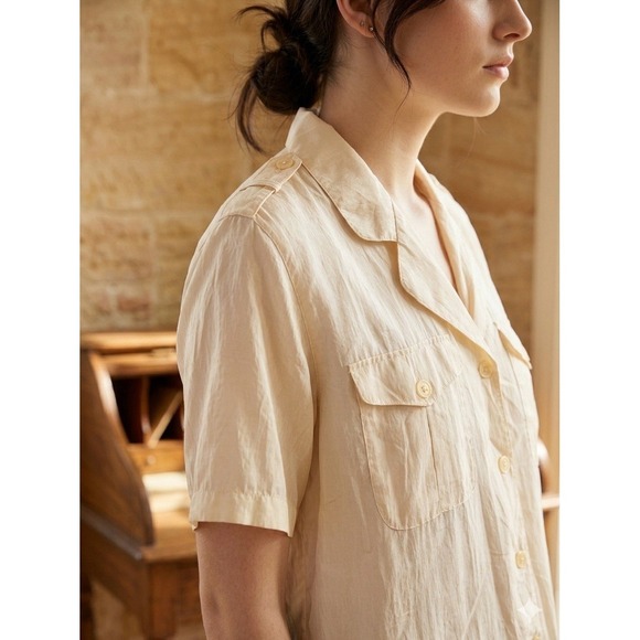 christie & jill Tops - VTG 100% Silk Safari Shirt Sz 12 Cream Short Sleeve Gorpcore Utilitarian Blouse